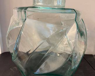 large, heavy geometric green glass apothecary jar