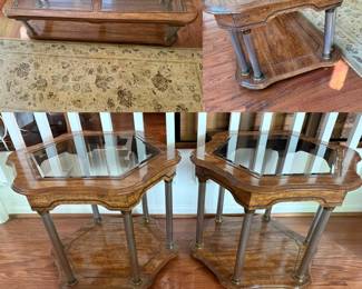 MCM wood laminate and beveled glass design, rectangular coffee table and pair hexagonal end/side tables w/fluted or ribbed metallic pillars