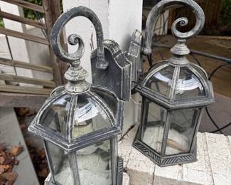 Pair weathered gray outdoor wall lanterns
