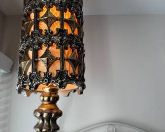 Vintage Spanish Revival/Gothic or Mediterranean-style hanging pendant lantern ornate patinated dark metal/brass openwork