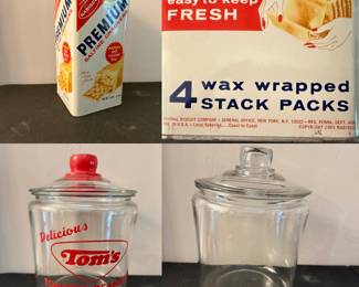 Vintage 50’s Tom's Toasted Peanuts counter display glass jar, Vintage 1969 Nabisco Premium Saltine Crackers metal tin