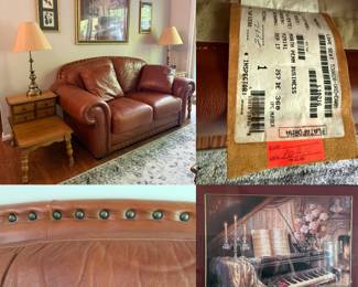Brown leather loveseat classic rolled arms w/traditional brass nailhead trim