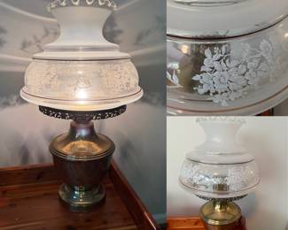 Vintage late 70’s Satin Lace Hurricane "Gone with the Wind" Table Lamp Brass Bottom