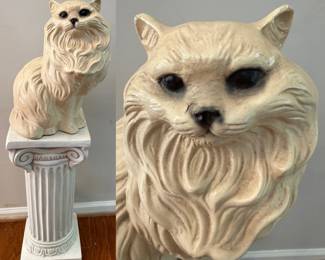 Large Vintage Persian Chalk cat statue 1950s - 1970s, Plaster Pedestal