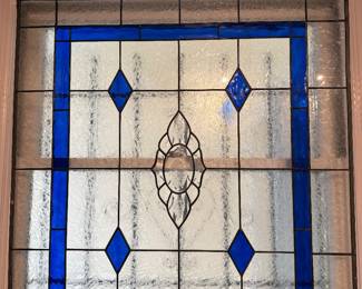 Studio stained glass window panel-clear textured and beveled glass center with/cobalt blue border and diamond accents