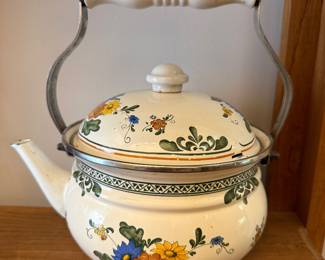 Floral vintage white enamelware tea kettle