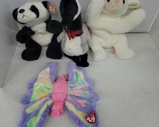 TY Beanie Babies Panda, Goose, Bunny & Butterfly