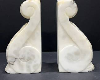 Carved White Marble Scroll Bookends, Small Chips