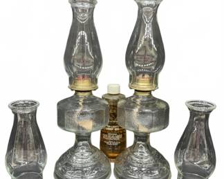 Pair Glass Oil Lamps & Extra Chimneys, 2 Chips