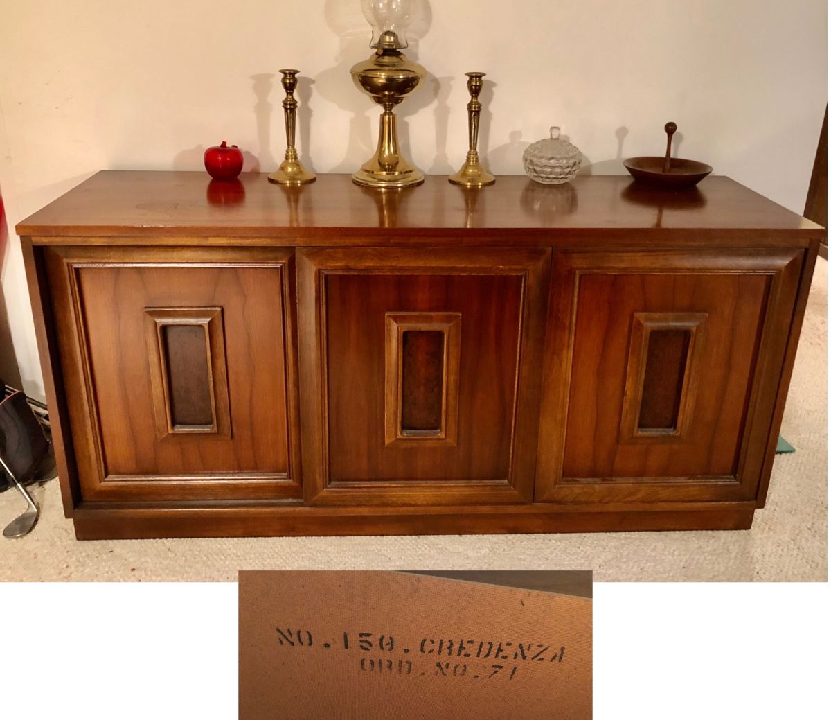 Vintage MCM Walnut Sculptural Sliding Door Front Credenza Sideboard (maybe Drexel) is 60 inches long X 18 inches deep X 29 inches tall. (No. 150-71) $200
