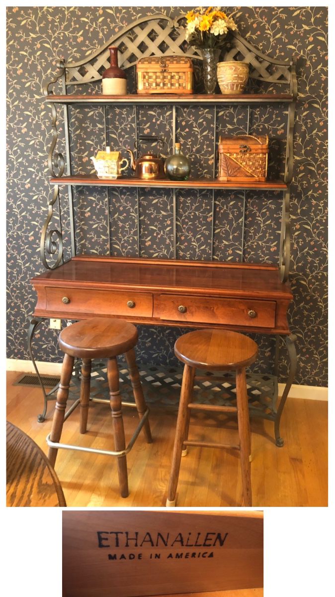 Ethan Allen Country French Bakers Rack is 81 inches tall X 48 inches wide X 18 inches deep. $195