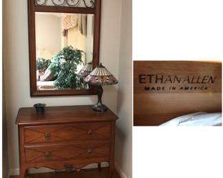 Ethan Allen Country French 2 Drawer Credenza / Server Biedermeier Style is 37.5 inches wide X 18 inches deep X 32 inches tall. $225 Ethan Allen Country French Iron Scroll Work Beveled Wall Mirror $115