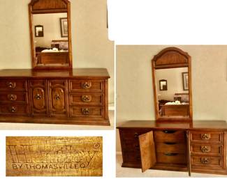 4 Piece Huntleigh by Thomasville Bedroom Set = 2 Side Tables, Dresser w Mirror, Gentlemen’s Wardrobe $400 (does not include the Bed) Huntley by Thomasville Long Double Dresser is 31 inches tall X 74 inches long X 19 inches deep. Including the mirror is 49 inches tall X 28 inches wide. $150