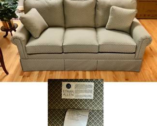 Ethan Allen Neutral Light Green / White Patterned Skirted Sofa is 76 inches long X 33 inches deep X 32 inches tall. $100 As mentioned may have Smoke Smell but located Upstairs