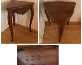 Ethan Allen Country French Small Corner Accent Triangle Table is 25 inches tall X 18 inches wide X 27 inches deep. $155 Walnut?