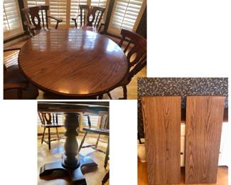 Round to Oval Pedestal Table is 43.5 inches around X 30 inches tall, has 2 leaves each measuring 16 inches. $165