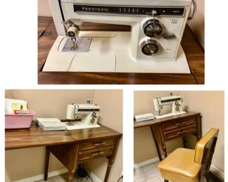 1970’s Kenmore Model 158 Sewing Machine & Wood Cabinet, Tested it powers on but needs TLC $80 Gilbert & Ryan Mustard Sewing Chair $75