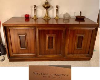 Vintage MCM Walnut Sculptural Sliding Door Front Credenza Sideboard (maybe Drexel) is 60 inches long X 18 inches deep X 29 inches tall.  (No. 150-71) $200 