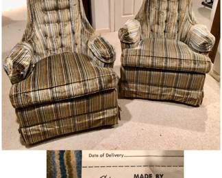 2 Vintage MCM Clayton Marcus Labeled Striped Chairs (Lee Harvey?) Marking a Very Low Price because located in Basement where owner Smoked Cigars. $65 Each or Both for $100