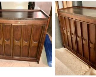MCM Kent Coffey (Unlabeled) Rolling Bar Cart is 34.5 inches long X 16.5 inches deep X 31.5 inches tall. $150