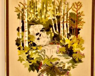 Vintage Framed Completed Crewel Embroidery Piece Rain Forest $40