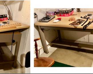 Vintage Metal Four-Post Drafting or Drawing Table w an Adjustable-Angle Wooden Top is is 72 inches long X 38.5 inches deep X 37.5 inches tall $200