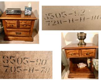 Possibly Broyhill / Bassett “Bulky”Dresser with Mirror is 65.5 inches long X 18 inches deep X 31.5 inches tall, including the Hutch/Mirror is 73 inches tall. $85 Matching Possibly Broyhill / Bassett Nightstand Is 22 inches wide X 15 inches deep X 25 inches tall. S505–92 728-H-H-80 $40 Matching Possibly Broyhill / Bassett Side Table is 24.5 inches wide X 15.5 inches deep X 22 inches tall. S505–90 705-H-79 $40