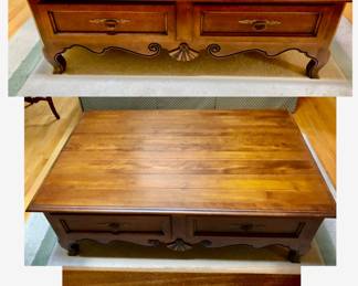Ethan Allen Maison Country French Coffee Table is 48 inches long X 32 inches deep X 16 inches tall. 2000 Birch $200