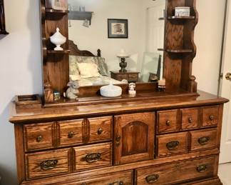 Possibly Broyhill / Bassett “Bulky”Dresser with Mirror is 65.5 inches long X 18 inches deep X 31.5 inches tall, including the Hutch/Mirror is 73 inches tall. $85 Matching Possibly Broyhill / Bassett Nightstand Is 22 inches wide X 15 inches deep X 25 inches tall. S505–92 728-H-H-80 $40 Matching Possibly Broyhill / Bassett Side Table is 24.5 inches wide X 15.5 inches deep X 22 inches tall. S505–90 705-H-79 $40