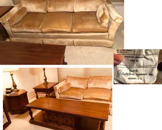 Vintage MCM Clayton Marcus Labeled Golden Velour Sofa is 84 inches long X 33 inches deep X 24 inches tall. Marking a Very Low Price because located in Basement where owner Smoked Cigars. Will need thorough cleaning. $75