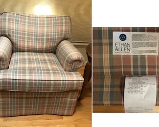 Ethan Allen Neutral Plaid Fabric Lounge Armchair is 33.5 inches tall X 33 inches wide. $55 As mentioned may have Smoke Smell but located Upstairs..