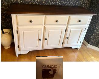 Canadel rustic farmhouse-style white sideboard buffet cabinet is 33 inches tall X 52.5 .inches long X 17.5 inches deep. $300