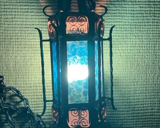 Spanish Revival Ornate Wrought Iron Brutalist hanging Swag Lamp