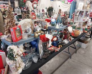 HOLIDAY: Hallmark, Shiny Brite, blow mold Nativity, many Santas, Christmas village, hand blown ornaments, Christmas trees, lights, décor, ribbon, tree skirts, greeting cards, Peanuts, paper, bows, Vatican nativity; Halloween décor, pumpkins, jack o lanterns