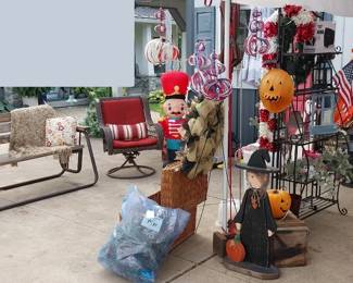 HOLIDAY: Hallmark, Shiny Brite, blow mold Nativity, many Santas, Christmas village, hand blown ornaments, Christmas trees, lights, décor, ribbon, tree skirts, greeting cards, Peanuts, paper, bows, Vatican nativity; Halloween décor, pumpkins, jack o lanterns