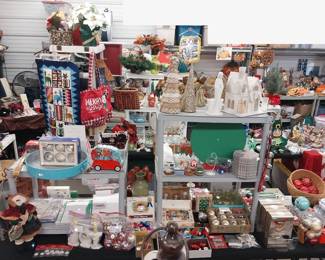 HOLIDAY: Hallmark, Shiny Brite, blow mold Nativity, many Santas, Christmas village, hand blown ornaments, Christmas trees, lights, décor, ribbon, tree skirts, greeting cards, Peanuts, paper, bows, Vatican nativity; Halloween décor, pumpkins, jack o lanterns