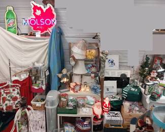 HOLIDAY: Hallmark, Shiny Brite, blow mold Nativity, many Santas, Christmas village, hand blown ornaments, Christmas trees, lights, décor, ribbon, tree skirts, greeting cards, Peanuts, paper, bows, Vatican nativity; Halloween décor, pumpkins, jack o lanterns