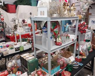 HOLIDAY: Hallmark, Shiny Brite, blow mold Nativity, many Santas, Christmas village, hand blown ornaments, Christmas trees, lights, décor, ribbon, tree skirts, greeting cards, Peanuts, paper, bows, Vatican nativity; Halloween décor, pumpkins, jack o lanterns