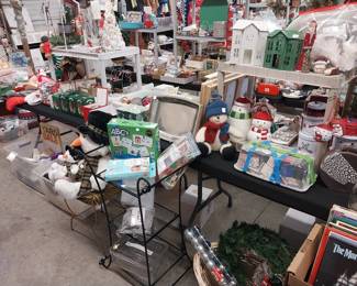 HOLIDAY: Hallmark, Shiny Brite, blow mold Nativity, many Santas, Christmas village, hand blown ornaments, Christmas trees, lights, décor, ribbon, tree skirts, greeting cards, Peanuts, paper, bows, Vatican nativity; Halloween décor, pumpkins, jack o lanterns