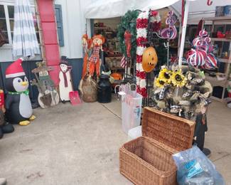 HOLIDAY: Hallmark, Shiny Brite, blow mold Nativity, many Santas, Christmas village, hand blown ornaments, Christmas trees, lights, décor, ribbon, tree skirts, greeting cards, Peanuts, paper, bows, Vatican nativity; Halloween décor, pumpkins, jack o lanterns