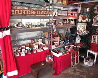 HOLIDAY: Hallmark, Shiny Brite, blow mold Nativity, many Santas, Christmas village, hand blown ornaments, Christmas trees, lights, décor, ribbon, tree skirts, greeting cards, Peanuts, paper, bows, Vatican nativity; Halloween décor, pumpkins, jack o lanterns