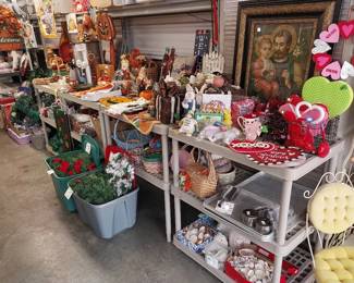 HOLIDAY: Hallmark, Shiny Brite, blow mold Nativity, many Santas, Christmas village, hand blown ornaments, Christmas trees, lights, décor, ribbon, tree skirts, greeting cards, Peanuts, paper, bows, Vatican nativity; Halloween décor, pumpkins, jack o lanterns