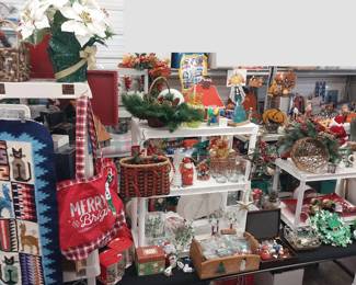 HOLIDAY: Hallmark, Shiny Brite, blow mold Nativity, many Santas, Christmas village, hand blown ornaments, Christmas trees, lights, décor, ribbon, tree skirts, greeting cards, Peanuts, paper, bows, Vatican nativity; Halloween décor, pumpkins, jack o lanterns