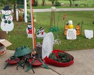 HOLIDAY: Hallmark, Shiny Brite, blow mold Nativity, many Santas, Christmas village, hand blown ornaments, Christmas trees, lights, décor, ribbon, tree skirts, greeting cards, Peanuts, paper, bows, Vatican nativity; Halloween décor, pumpkins, jack o lanterns