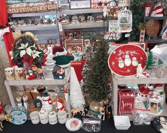 HOLIDAY: Hallmark, Shiny Brite, blow mold Nativity, many Santas, Christmas village, hand blown ornaments, Christmas trees, lights, décor, ribbon, tree skirts, greeting cards, Peanuts, paper, bows, Vatican nativity; Halloween décor, pumpkins, jack o lanterns