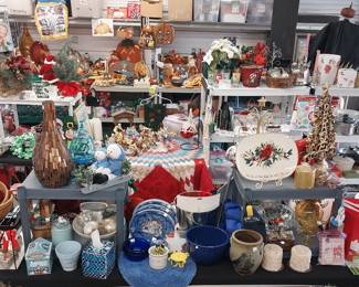 HOLIDAY: Hallmark, Shiny Brite, blow mold Nativity, many Santas, Christmas village, hand blown ornaments, Christmas trees, lights, décor, ribbon, tree skirts, greeting cards, Peanuts, paper, bows, Vatican nativity; Halloween décor, pumpkins, jack o lanterns