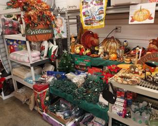 HOLIDAY: Hallmark, Shiny Brite, blow mold Nativity, many Santas, Christmas village, hand blown ornaments, Christmas trees, lights, décor, ribbon, tree skirts, greeting cards, Peanuts, paper, bows, Vatican nativity; Halloween décor, pumpkins, jack o lanterns