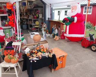 HOLIDAY: Hallmark, Shiny Brite, blow mold Nativity, many Santas, Christmas village, hand blown ornaments, Christmas trees, lights, décor, ribbon, tree skirts, greeting cards, Peanuts, paper, bows, Vatican nativity; Halloween décor, pumpkins, jack o lanterns