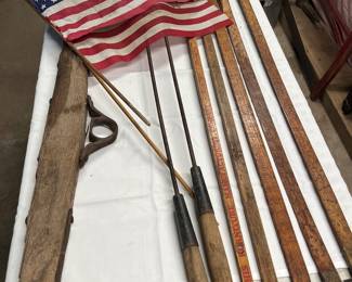 Vintage logging tools, measuring sticks and more