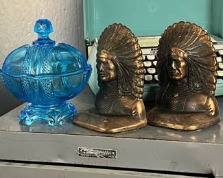 Vintage Smith Corona typewriters, glassware, cast iron book ends